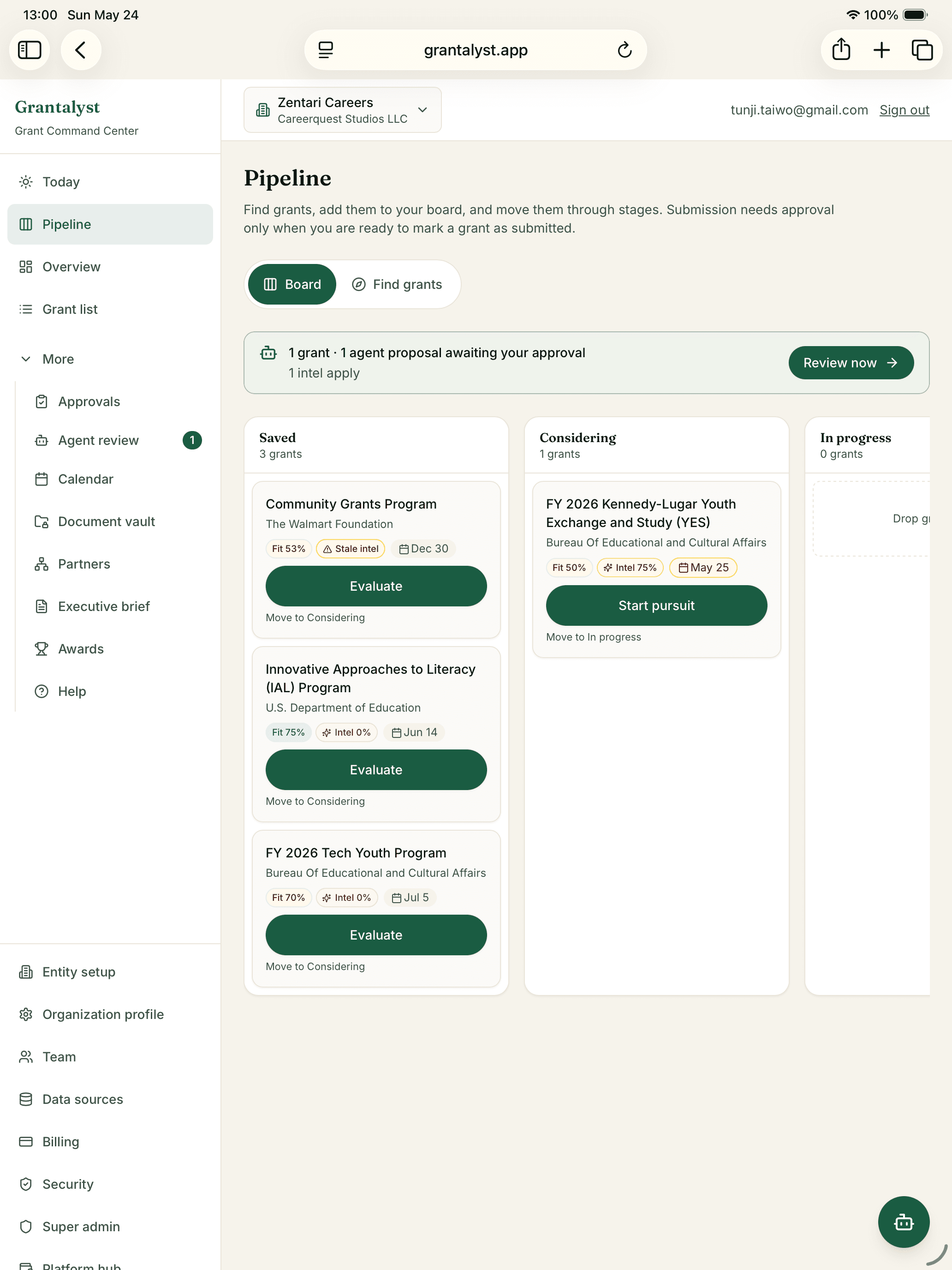 Grantalyst pipeline board with stage progression and fit scoring